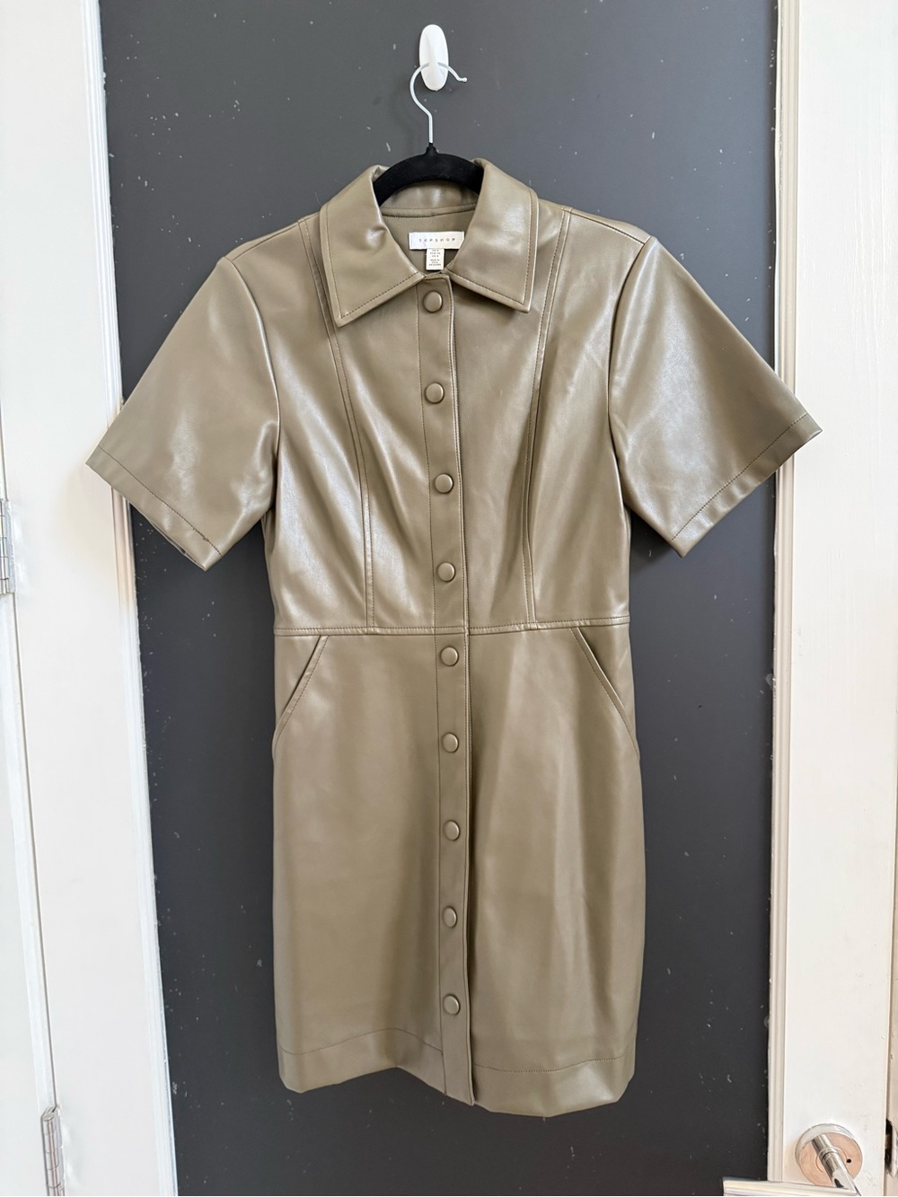 Topshop Olive Green Faux Leather Button-Front Mini Dress